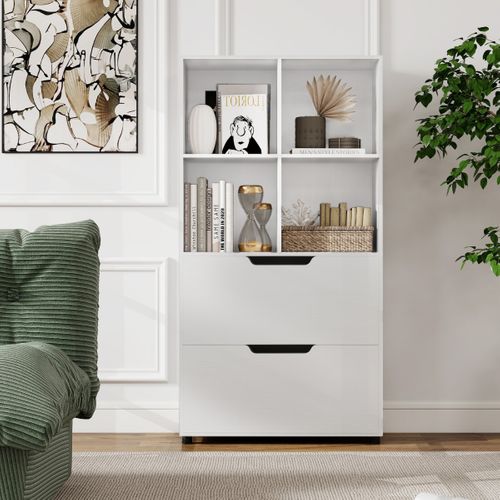 Étagère à Livres Avec 2 Tiroirs Anti-basculement Meuble De Rangement Bois 70x33,5x130cm Blanc