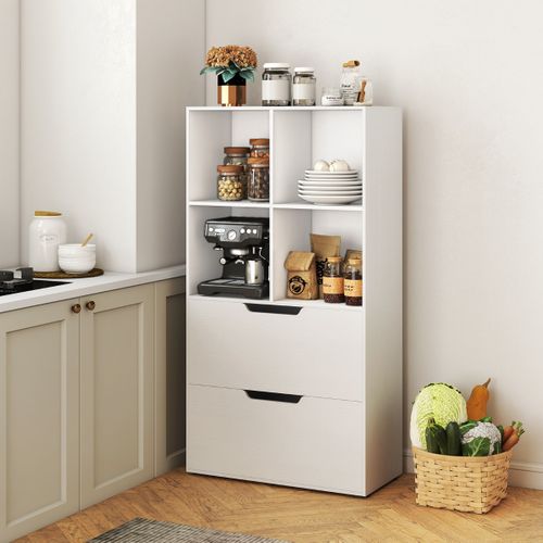 Étagère à Livres Avec 2 Tiroirs Anti-basculement Meuble De Rangement Bois 70x33,5x130cm Blanc