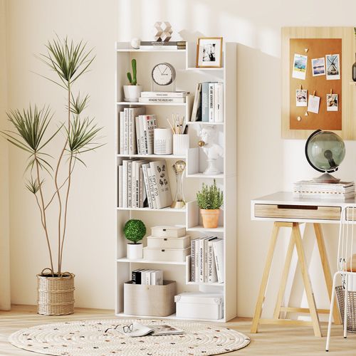 Étagère à Livres Bois 6 Niveaux Anti-basculement Étagère D'exposition 69x22x163cm Blanc