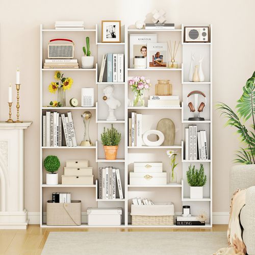 Étagère à Livres Bois 6 Niveaux Anti-basculement Étagère D'exposition 69x22x163cm Blanc