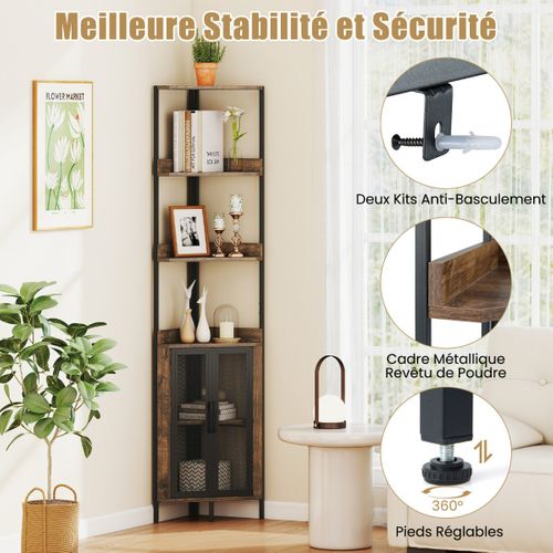 Bibliothèque D'angle Étagère Industriel à 6 Niveaux Avec 2 Portes 32 X 32 X 170 Cm Marron Rustique