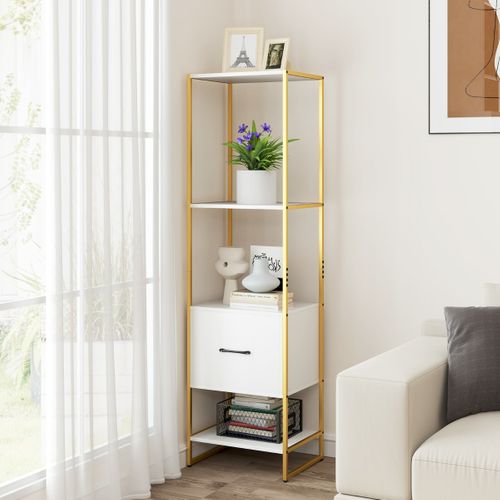 Étagère Meuble De Rangement Avec 1 Tiroir Bibliothèque Pieds Réglables 45x35x160cm Blanc