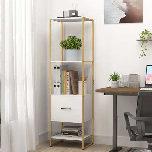 Étagère Meuble De Rangement Avec 1 Tiroir Bibliothèque Pieds Réglables 45x35x160cm Blanc