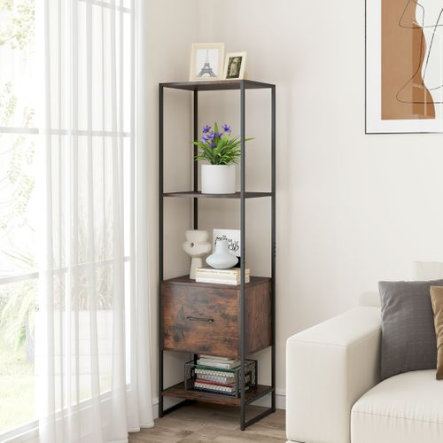 Étagère Meuble De Rangement Avec 1 Tiroir Bibliothèque Pieds Réglables 45x35x160cm Marron Rustique