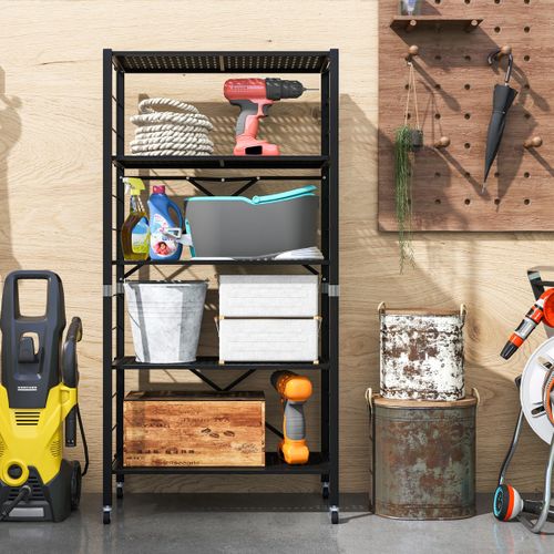 Etagère Charge Lourde Meuble De Rangement Pliant Avec Roues Hauteur Réglable 76x34,5x153cm Noir