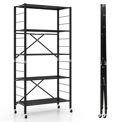 Etagère Charge Lourde Meuble De Rangement Pliant Avec Roues Hauteur Réglable 76x34,5x153cm Noir