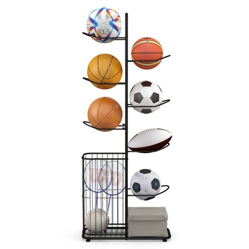 Étagère De Rangement Pour Balles à 7 Niveaux Support De Basket-ball Avec 7 Tiges Amovibles Noir