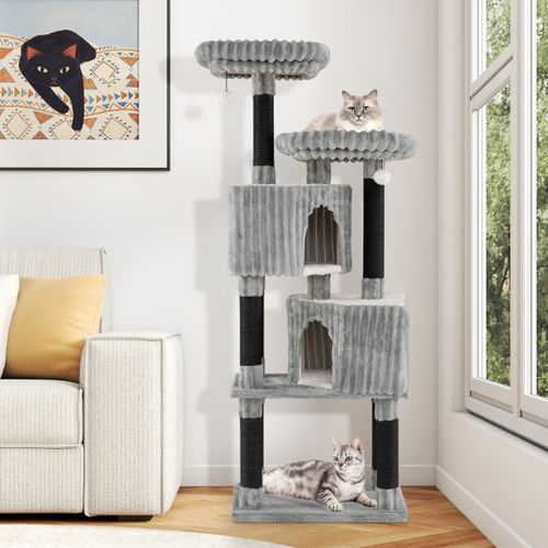 Grand Arbre à Chat à Plusieurs Niveaux Tour Pour Chat De 156cm 2 Lits Poteaux à Griffer Gris