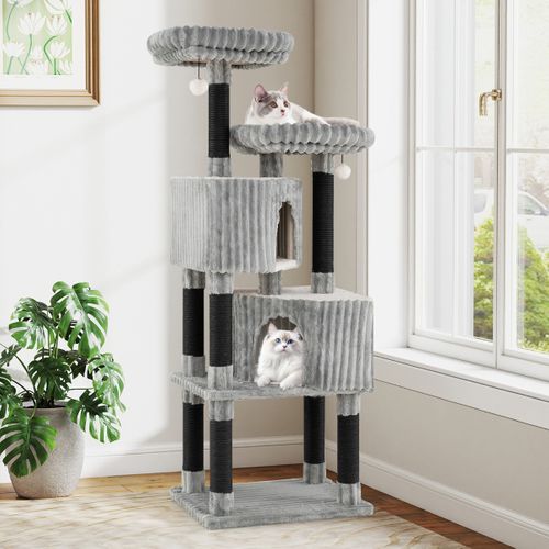 Grand Arbre à Chat à Plusieurs Niveaux Tour Pour Chat De 156cm 2 Lits Poteaux à Griffer Gris