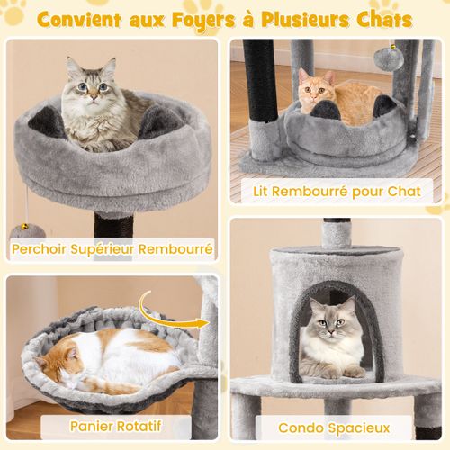 Grand Arbre à Chat à Plusieurs Niveaux Poteaux Et Planche à Gratter Jouets Suspendus Hamac Gris