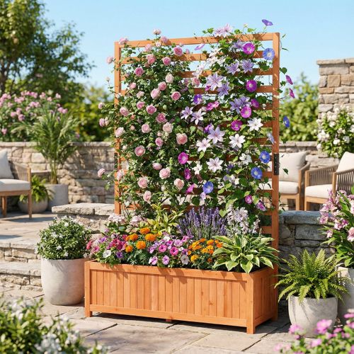 Jardinière Surélevée En Bois Avec Treillis Vertical Doublure Drainage Bac De Jardin De 150cm Orange