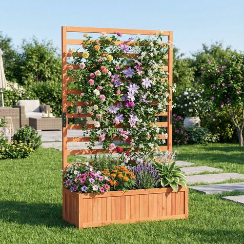 Jardinière Surélevée En Bois Avec Treillis Vertical Doublure Drainage Bac De Jardin De 150cm Orange