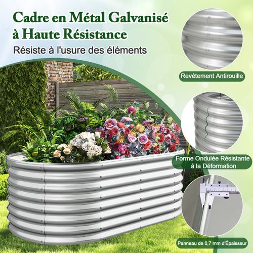 Lit De Jardin Jardinière Surélevée Ovale En Métal Avec Bords Arrondis Sécurisés 165x80x60cm Argent