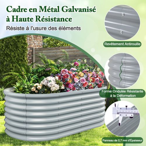 Lit De Jardin Jardinière Surélevée Ovale En Métal Avec Bords Arrondis Sécurisés 165x80x60cm Gris