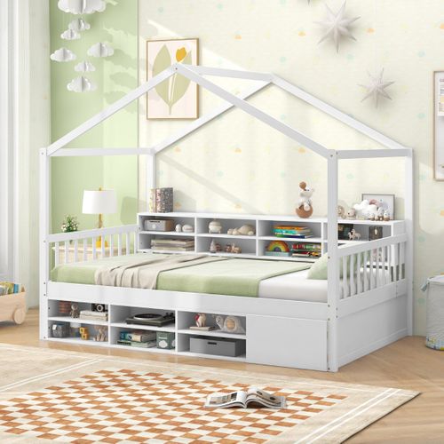 Lit Enfant Lit Contemporain Cadre De Lit Avec Toit En Maison Bois 14 Cubes 90x200cm Blanc