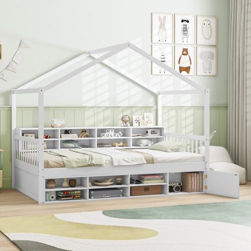 Lit Enfant Lit Contemporain Cadre De Lit Avec Toit En Maison Bois 14 Cubes 90x200cm Blanc