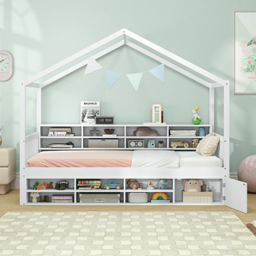 Lit Enfant Lit Contemporain Cadre De Lit Avec Toit En Maison Bois 14 Cubes 90x200cm Blanc