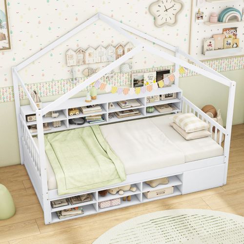 Lit Enfant Lit Contemporain Cadre De Lit Avec Toit En Maison Bois 14 Cubes 90x200cm Blanc