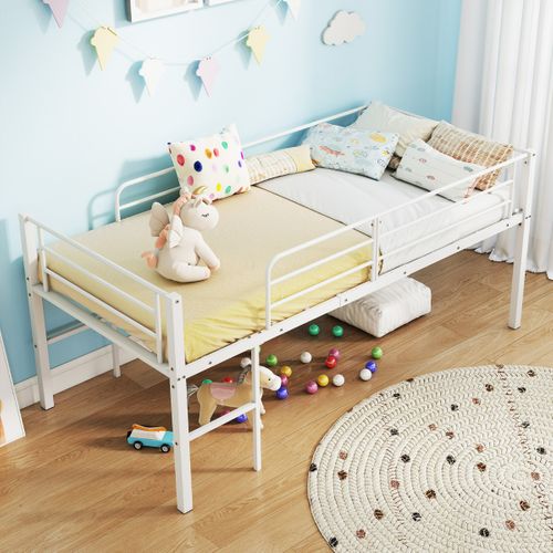 Lit Mi-haut Lit Enfant Lit Simple Métal Avec Barrières De Sécurité Et 2 Échelles 90x190cm Blanc