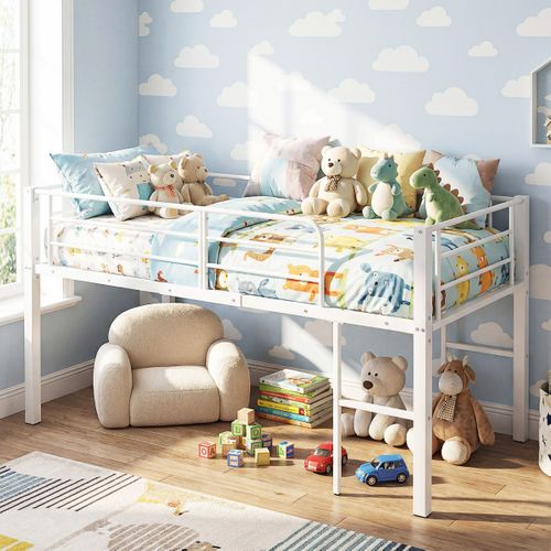 Lit Mi-haut Lit Enfant Lit Simple Métal Avec Barrières De Sécurité Et 2 Échelles 90x190cm Blanc