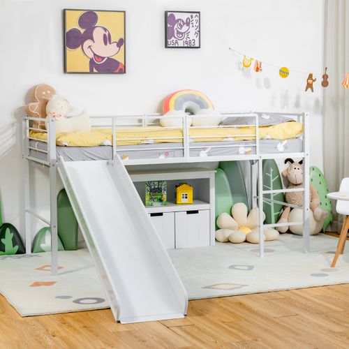 Lit Mezzanine Lit Enfant Avec Toboggan Échelle Structure En Acier 90x190cm Blanc