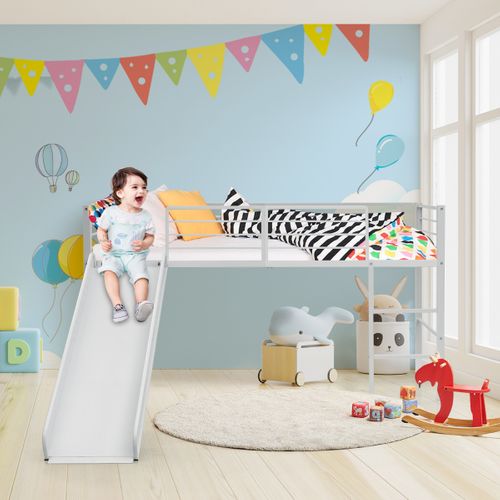 Lit Mezzanine Lit Enfant Avec Toboggan Échelle Structure En Acier 90x190cm Blanc
