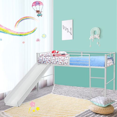 Lit Mezzanine Lit Enfant Avec Toboggan Échelle Structure En Acier 90x190cm Blanc