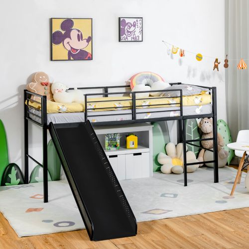 Lit Mezzanine Lit Enfant Avec Toboggan Échelle Structure En Acier 90x190cm Noir