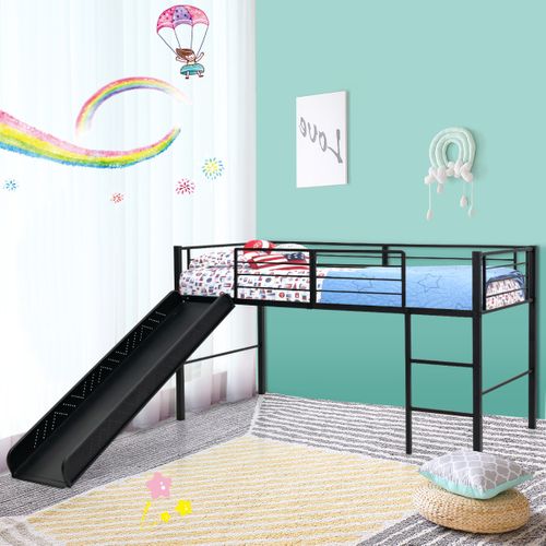 Lit Mezzanine Lit Enfant Avec Toboggan Échelle Structure En Acier 90x190cm Noir