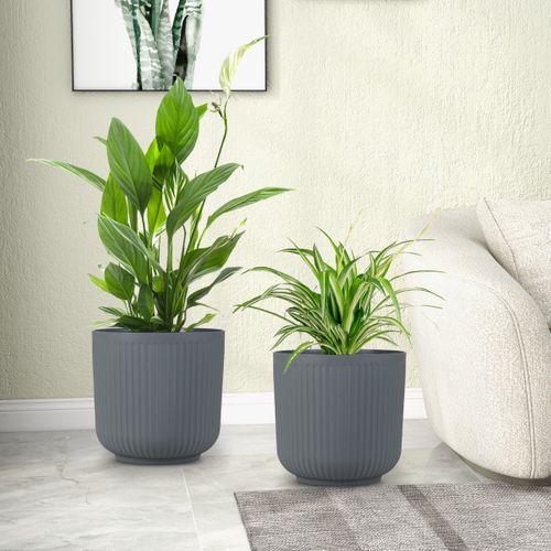 Lot De 2 Jardinières Rondes En Plastique 32cm à Rayures Avec Système De Drainage En Option Gris