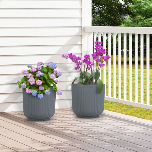 Lot De 2 Jardinières Rondes En Plastique 32cm à Rayures Avec Système De Drainage En Option Gris