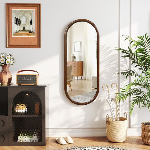 Miroir Mural 110x45cm Miroir Pleine Longueur Avec Cadre En Bois Verticale Ovale Moderne Noyer
