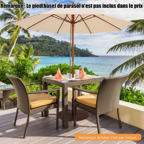Parasol De Jardin Pliable 2,9m Avec Mécanisme De Poulie à Corde Poteau En Bois 8 Baleines En Fibre