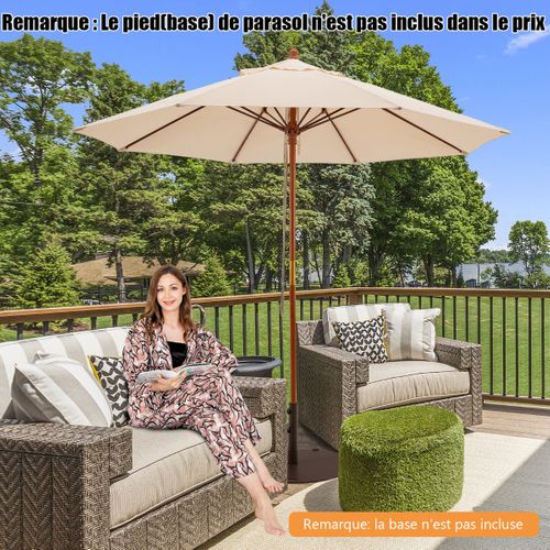 Parasol De Jardin Pliable 2,9m Avec Mécanisme De Poulie à Corde Poteau En Bois 8 Baleines En Fibre