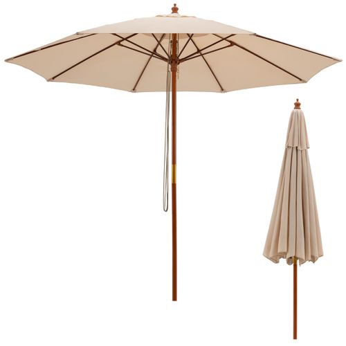 Parasol De Jardin Pliable 2,9m Avec Mécanisme De Poulie à Corde Poteau En Bois 8 Baleines En Fibre