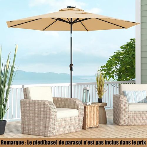 Parasol De Patio Solaire De 3 M LED à 9 Modes Inclinaison Réglable Manivelle Beige