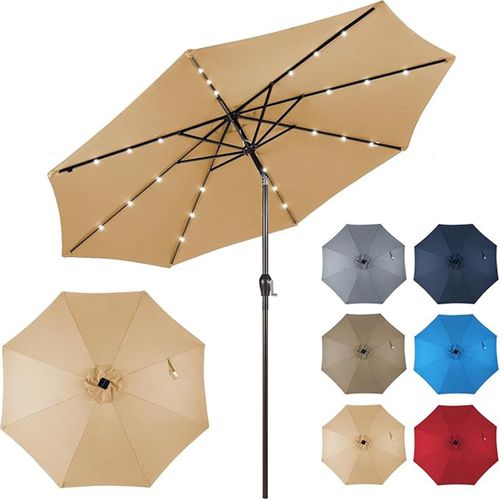 Parasol De Patio Solaire De 3 M LED à 9 Modes Inclinaison Réglable Manivelle Beige
