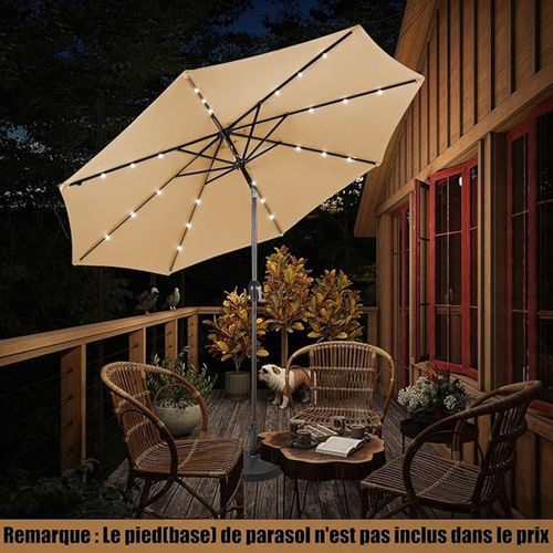 Parasol De Patio Solaire De 3 M LED à 9 Modes Inclinaison Réglable Manivelle Beige