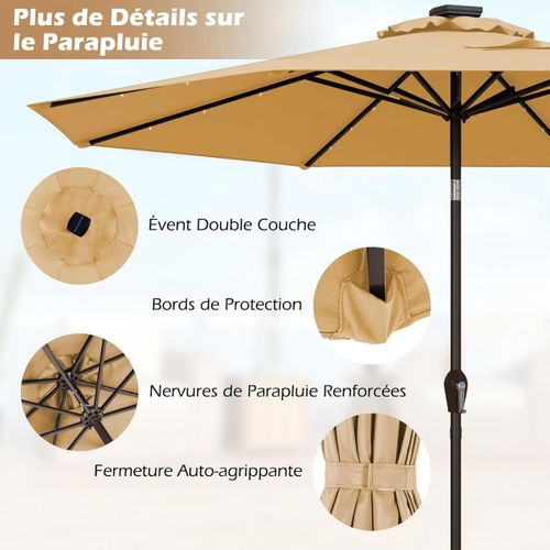 Parasol De Patio Solaire De 3 M LED à 9 Modes Inclinaison Réglable Manivelle Beige