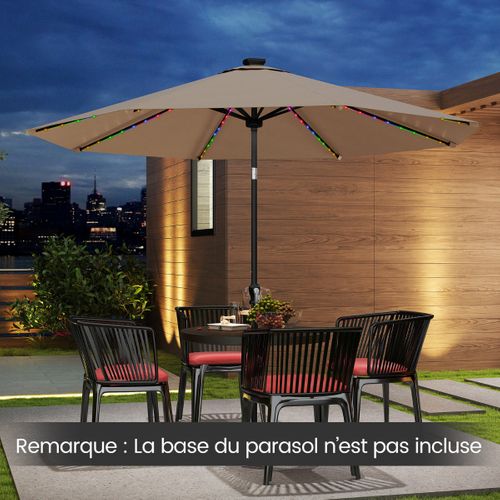 Parasol De Patio Solaire De 3 M LED à 9 Modes Inclinaison Réglable Manivelle Café