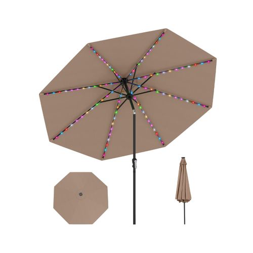 Parasol De Patio Solaire De 3 M LED à 9 Modes Inclinaison Réglable Manivelle Café