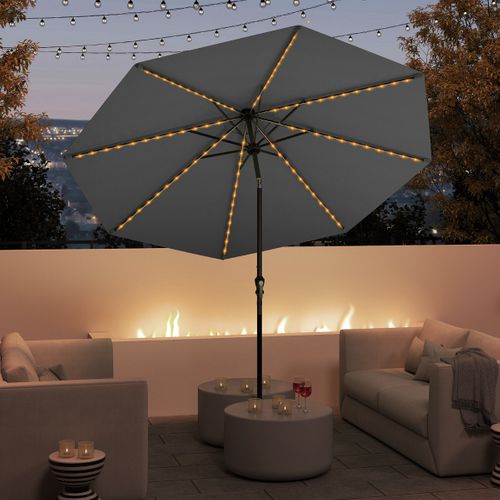 Parasol De Patio Solaire De 3 M LED à 9 Modes Inclinaison Réglable Manivelle Gris