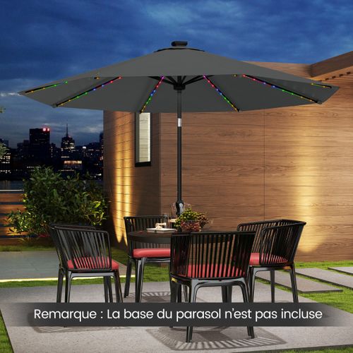 Parasol De Patio Solaire De 3 M LED à 9 Modes Inclinaison Réglable Manivelle Gris