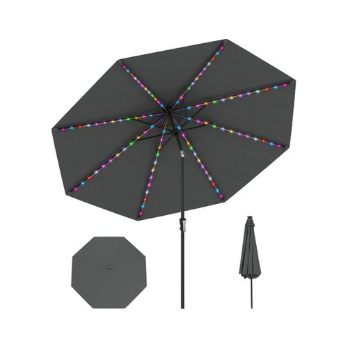 Parasol De Patio Solaire De 3 M LED à 9 Modes Inclinaison Réglable Manivelle Gris