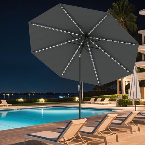 Parasol De Patio Solaire De 3 M LED à 9 Modes Inclinaison Réglable Manivelle Gris