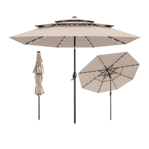 Parasol De Patio Solaire Avec LED à 3 Niveaux Réglage D'inclinaison Manivelle 313x248cm Beige