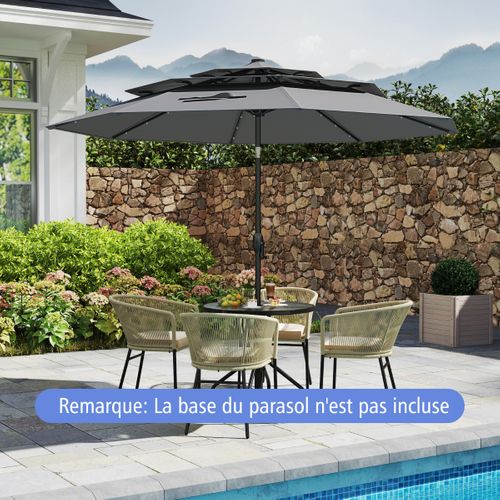 Parasol De Patio Solaire Avec LED à 3 Niveaux Réglage D'inclinaison Manivelle 313x248cm Gris