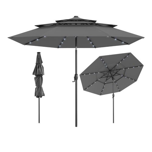 Parasol De Patio Solaire Avec LED à 3 Niveaux Réglage D'inclinaison Manivelle 313x248cm Gris