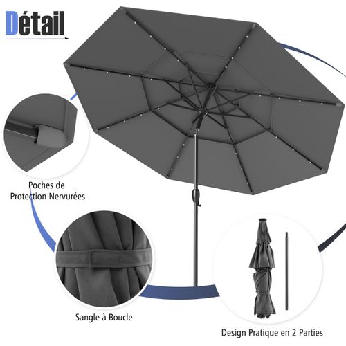 Parasol De Patio Solaire Avec LED à 3 Niveaux Réglage D'inclinaison Manivelle 313x248cm Gris