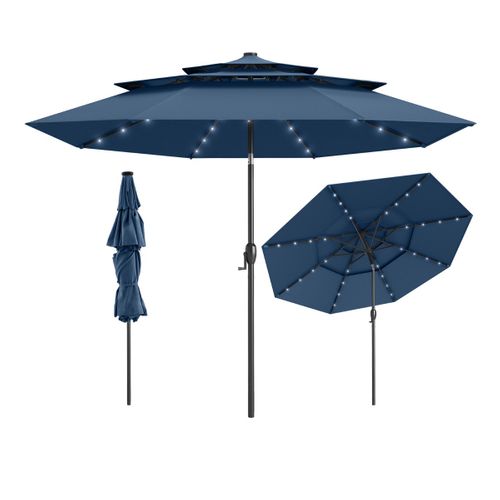 Parasol De Patio Solaire Avec LED à 3 Niveaux Réglage D'inclinaison Manivelle 313x248cm Marine